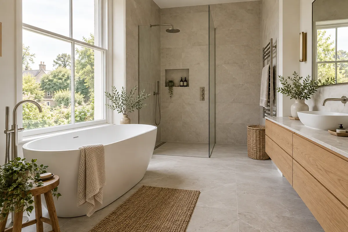 A contemporary bathroom with a freestanding bath and an oak vanity.