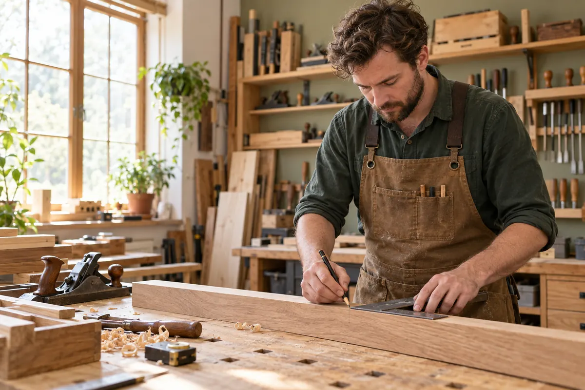 A carpenter measuring and marking timber at a workshop bench.