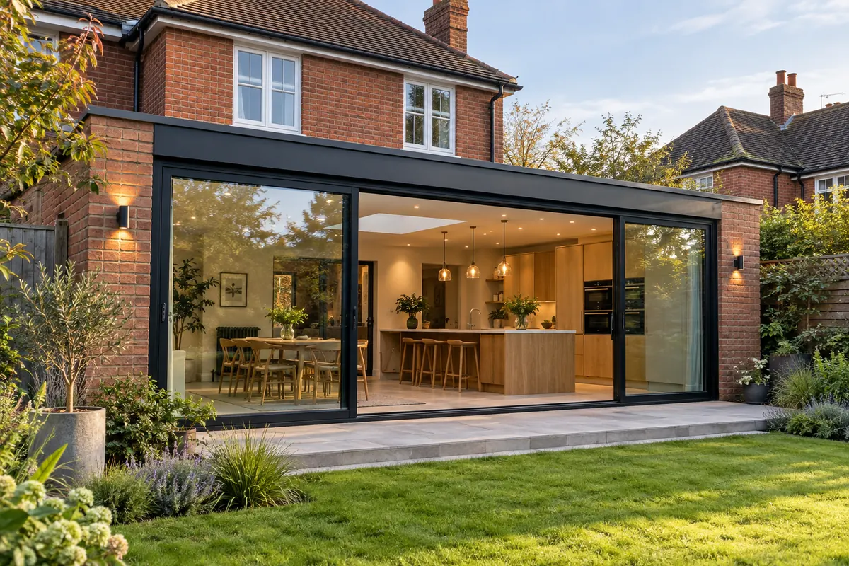 A brick home with a modern garden extension and glazed doors.
