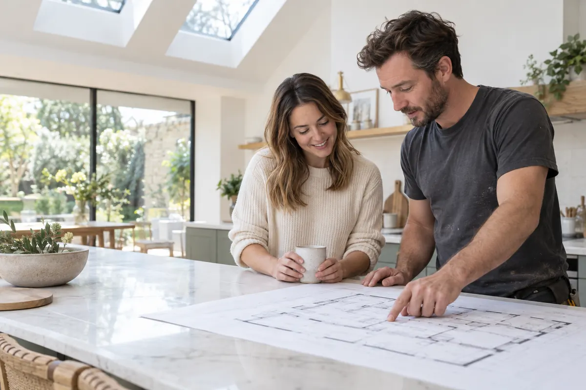 A homeowner and an independent tradesperson discussing a project in a bright kitchen.