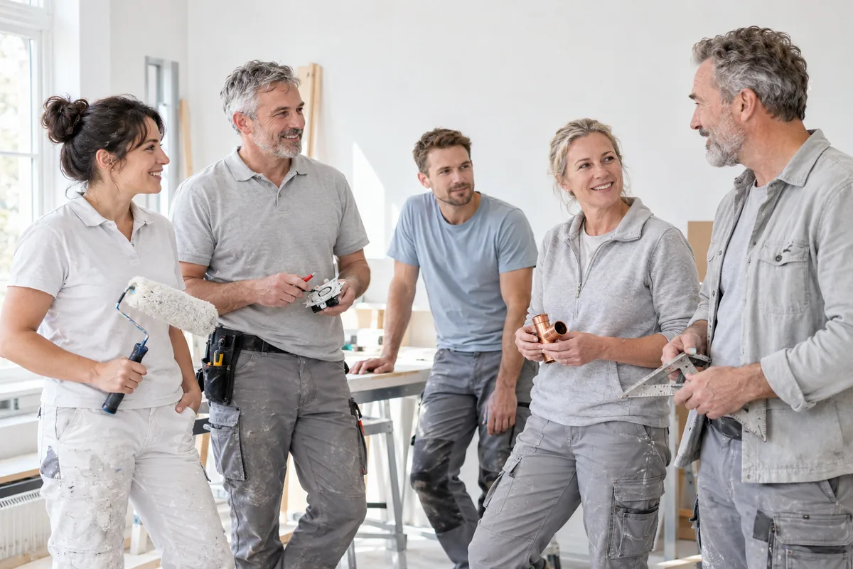 Five tradespeople with painting, electrical, plumbing and building tools in a bright home.
